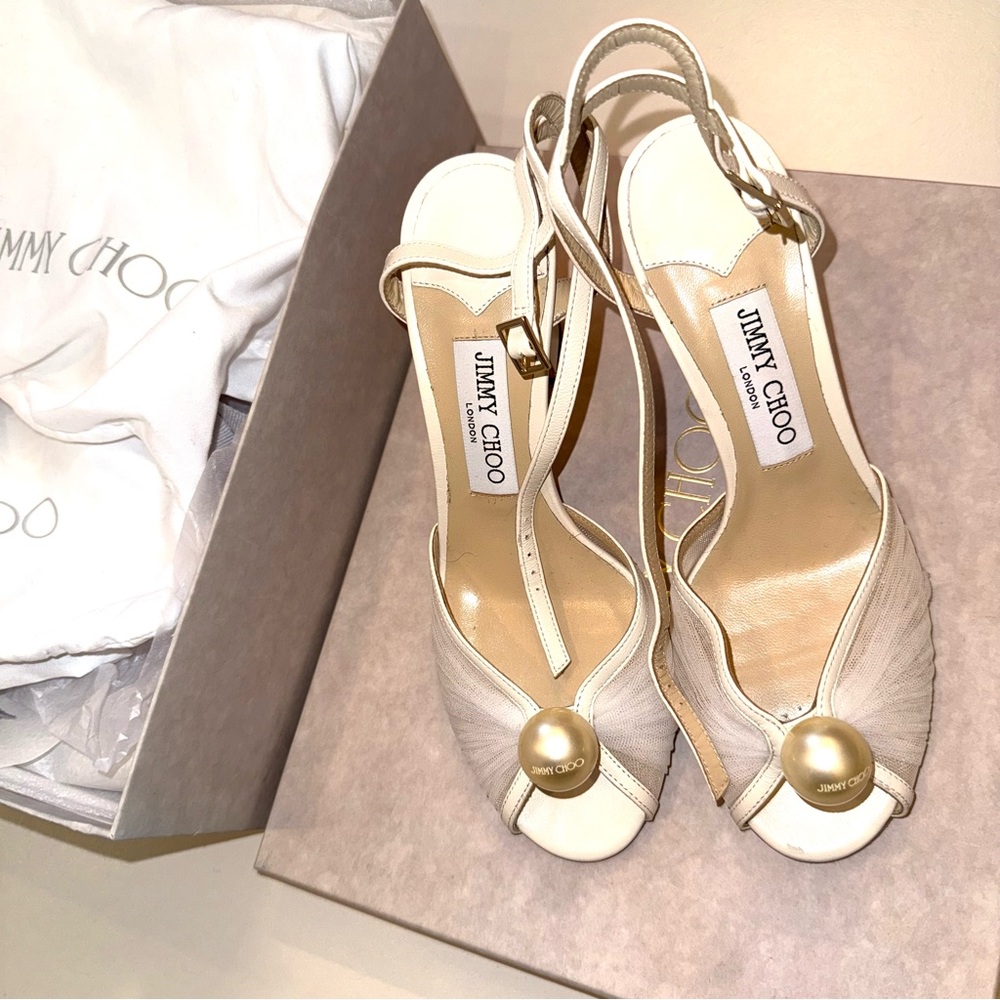 JIMMY CHOO Sacaria 85 Block Heels Sandals Cream White Bridal Pearl 37.5 7.5 - Picture 14 of 14
